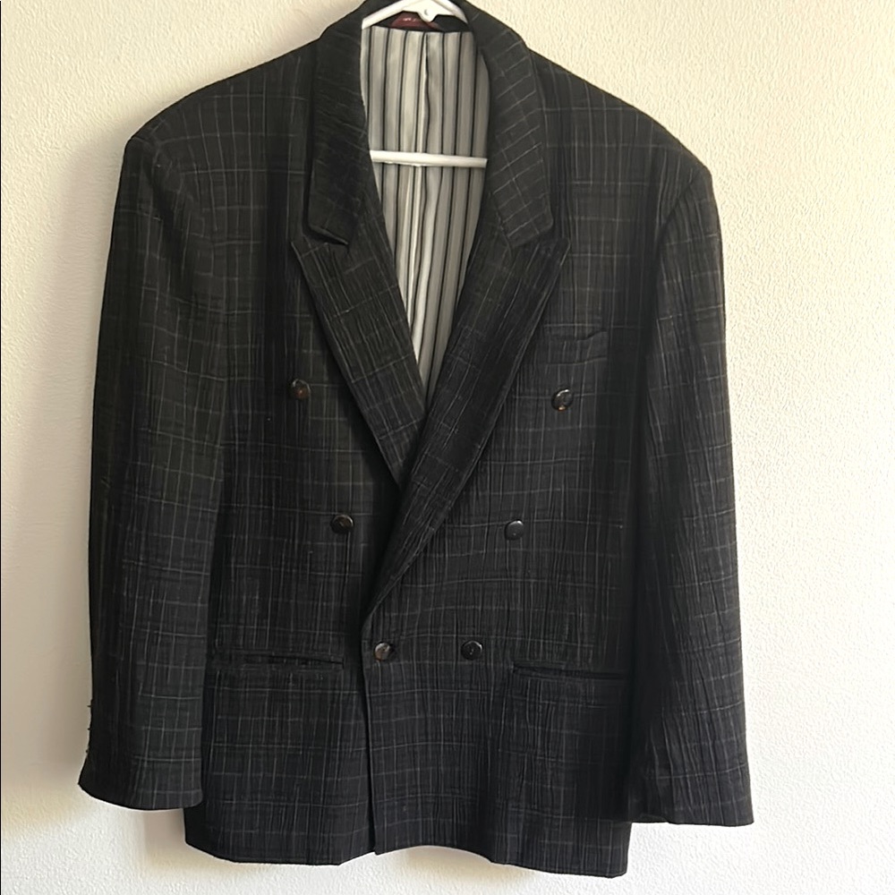 Sharp Vintage S Gray/Brown Windowpane Wool Blend Dbl. Breasted Sport Coat Blazer